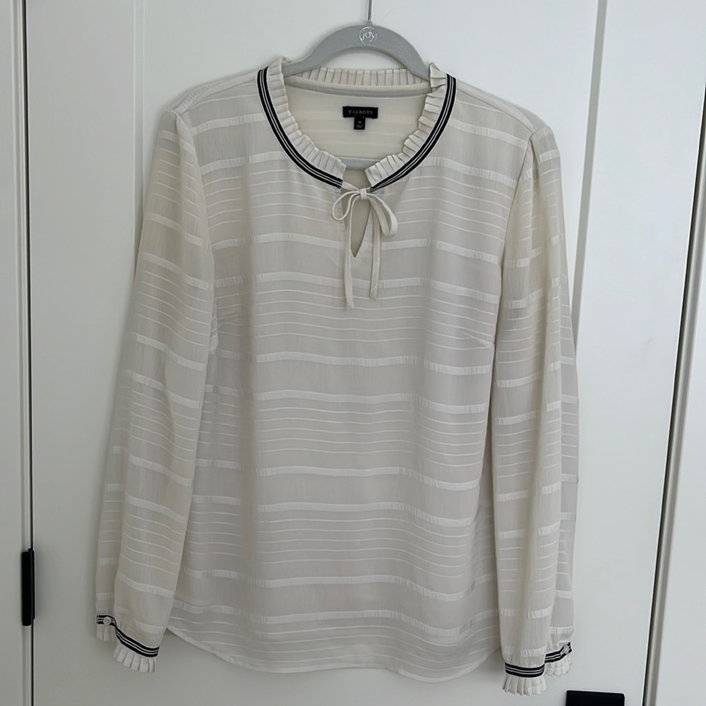 Talbots Size M ivory tie neck blouse with navy striped ribbon detail